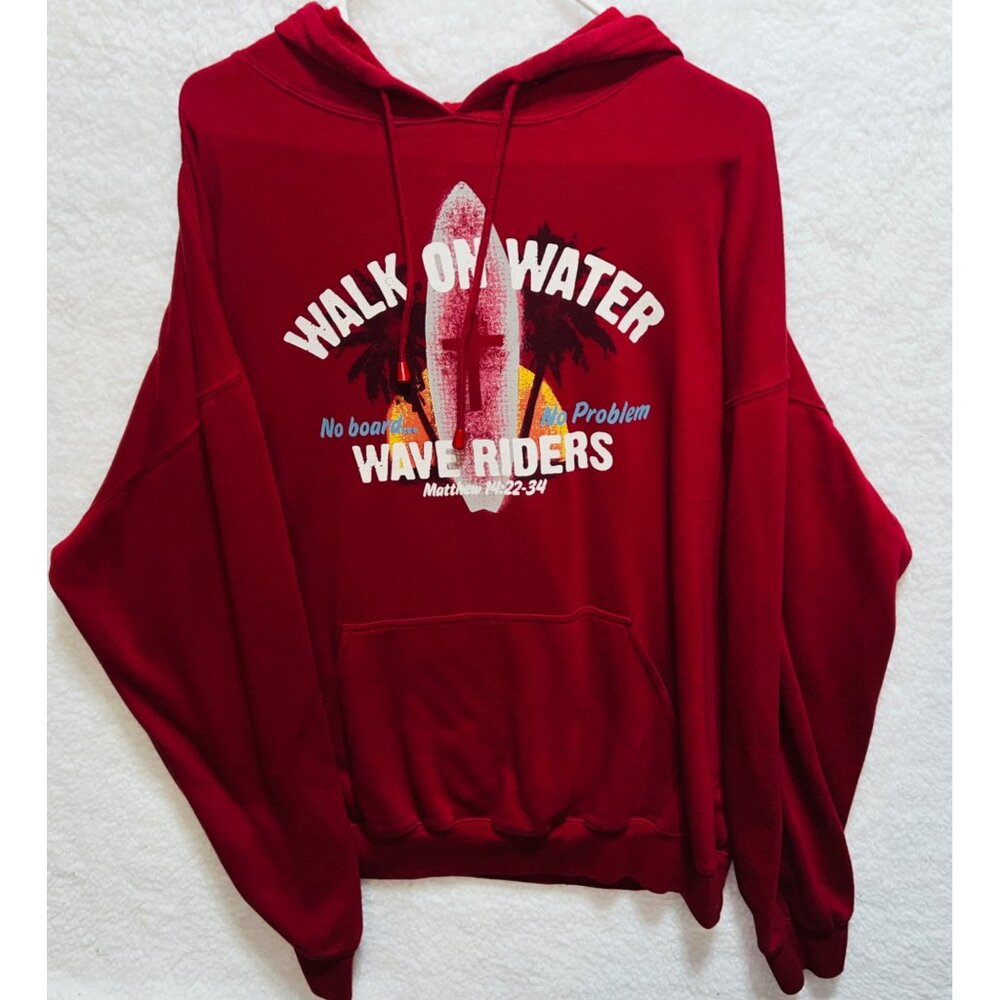 Walk On Water Wave Riders Red Hoodie Surf-Inspired Graphic Pullover Large